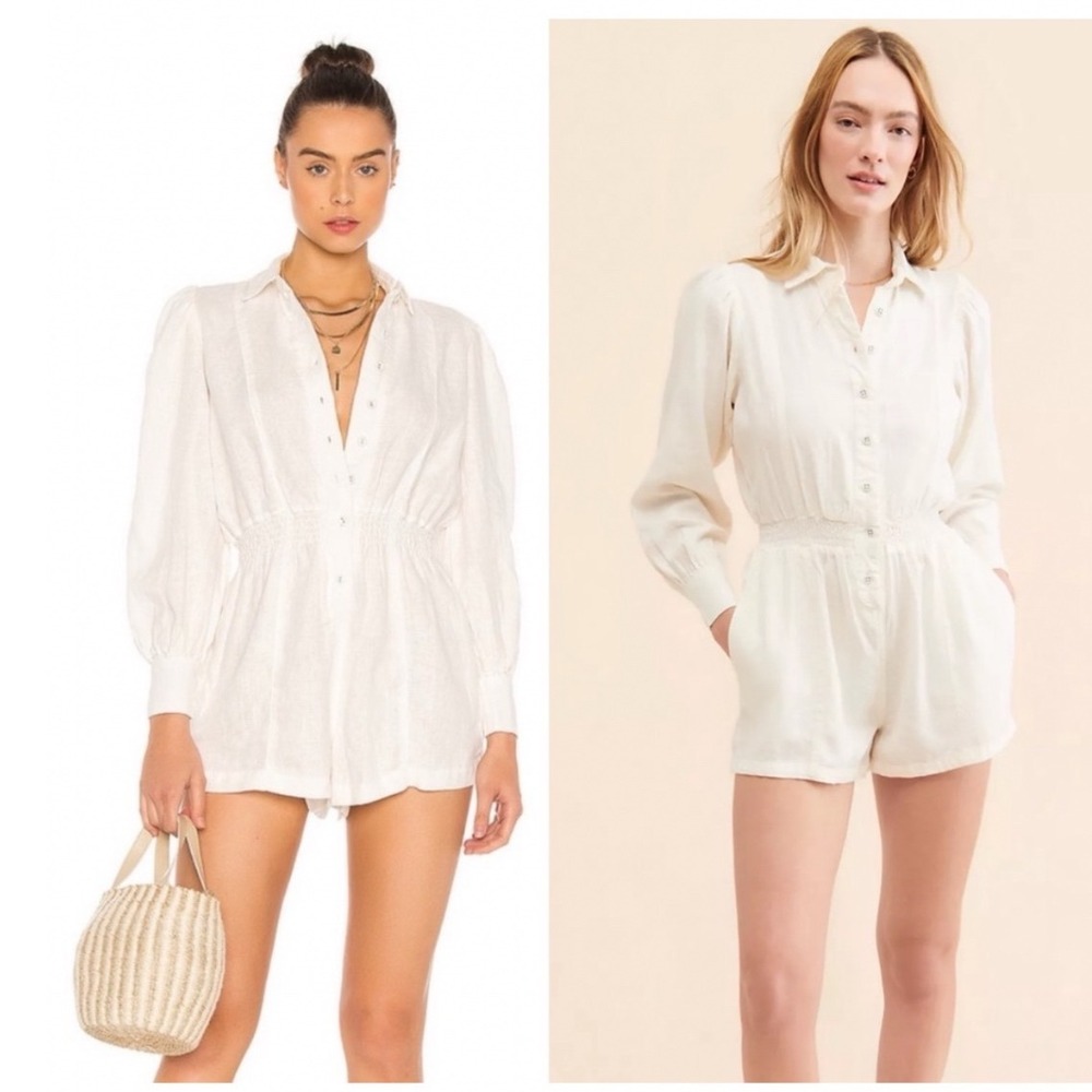 WeWoreWhat Linen Romper Off White Coastal Casual L/Sleeve Smocked Waist Size L